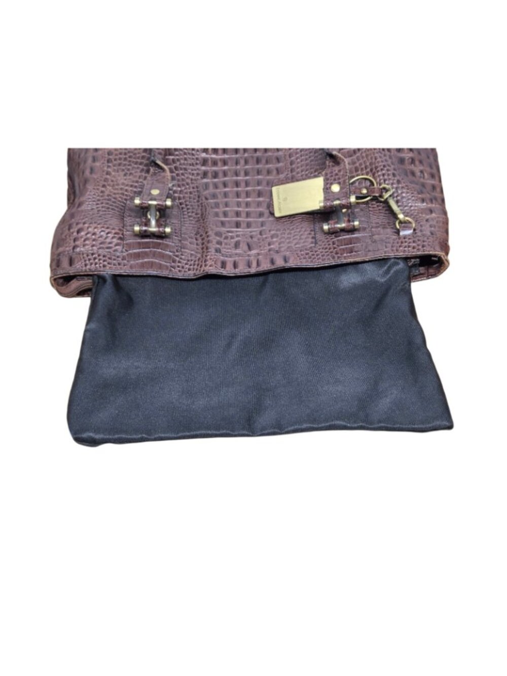 Etienne Aigner Croc Embossed Leather Double Handle Shoulder Bag Dark Brown - Picture 7 of 11